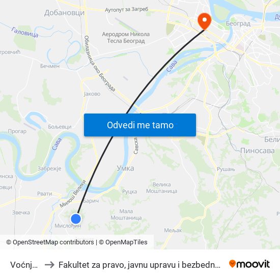 Voćnjak to Fakultet za pravo, javnu upravu i bezbednost map