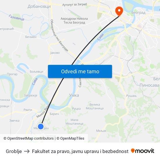 Groblje to Fakultet za pravo, javnu upravu i bezbednost map