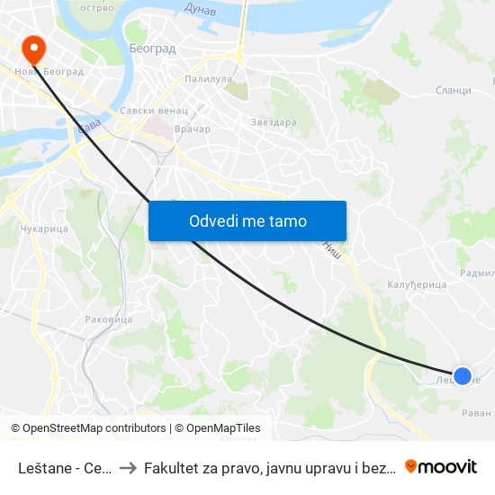 Leštane - Centar to Fakultet za pravo, javnu upravu i bezbednost map