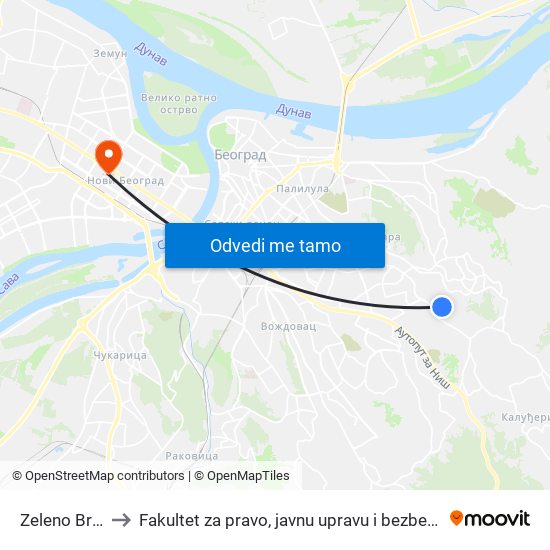 Zeleno Brdo to Fakultet za pravo, javnu upravu i bezbednost map