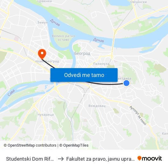 Studentski Dom Rifat Burdžević to Fakultet za pravo, javnu upravu i bezbednost map