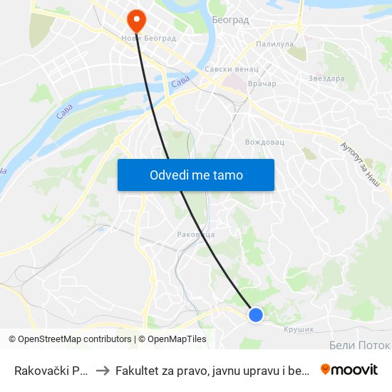 Rakovački Potok to Fakultet za pravo, javnu upravu i bezbednost map