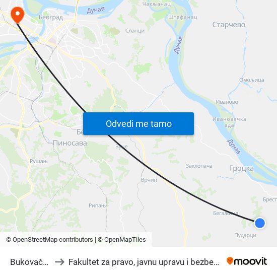 Bukovača 2 to Fakultet za pravo, javnu upravu i bezbednost map