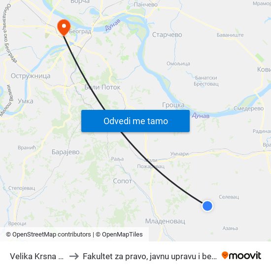 Velika Krsna - Dud to Fakultet za pravo, javnu upravu i bezbednost map