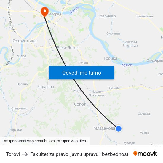 Torovi to Fakultet za pravo, javnu upravu i bezbednost map