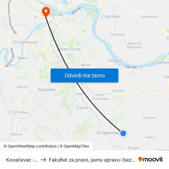 Kovačevac - Čot to Fakultet za pravo, javnu upravu i bezbednost map