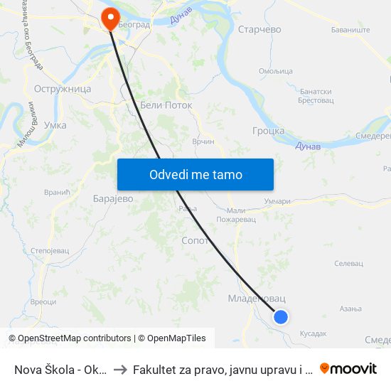 Nova Škola - Okretnica to Fakultet za pravo, javnu upravu i bezbednost map