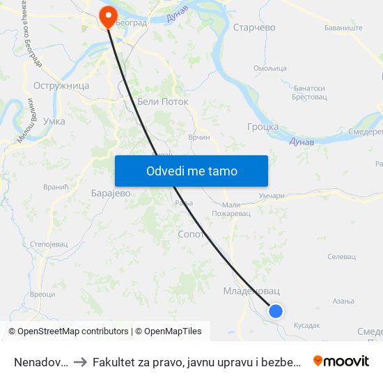 Nenadovići to Fakultet za pravo, javnu upravu i bezbednost map