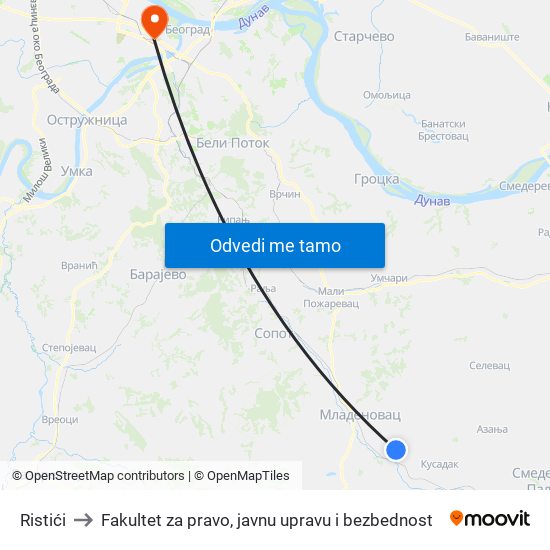 Ristići to Fakultet za pravo, javnu upravu i bezbednost map