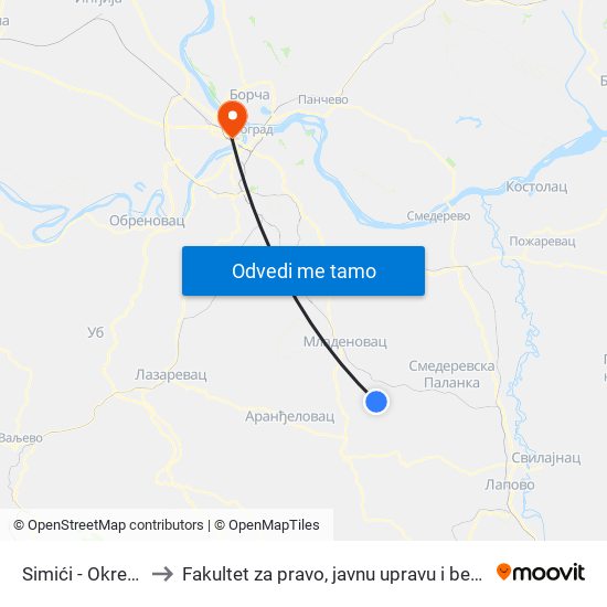 Simići - Okretnica to Fakultet za pravo, javnu upravu i bezbednost map