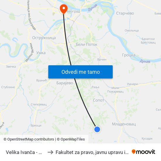 Velika Ivanča - Metaljka to Fakultet za pravo, javnu upravu i bezbednost map