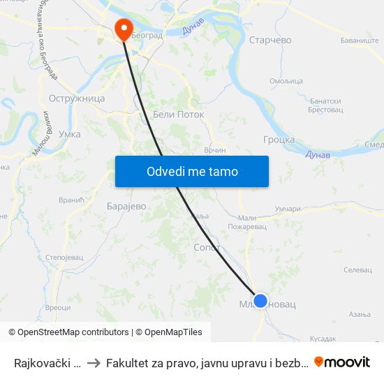 Rajkovački Put to Fakultet za pravo, javnu upravu i bezbednost map