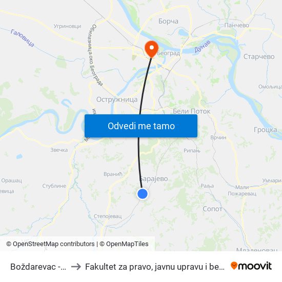 Boždarevac - Mlin to Fakultet za pravo, javnu upravu i bezbednost map