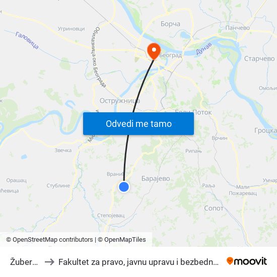 Žuberak to Fakultet za pravo, javnu upravu i bezbednost map