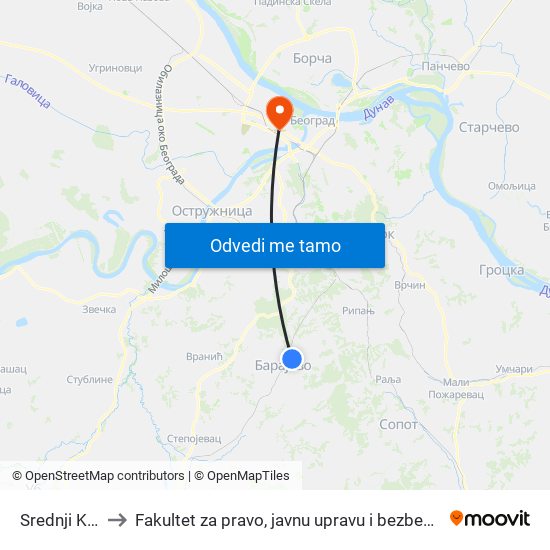 Srednji Kraj to Fakultet za pravo, javnu upravu i bezbednost map