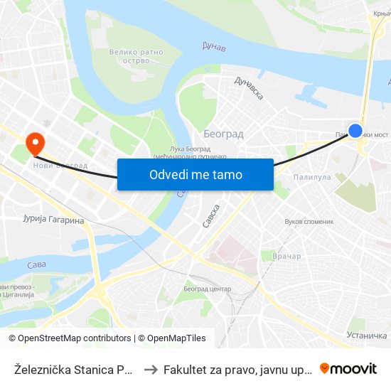 Železnička Stanica Pančevački Most to Fakultet za pravo, javnu upravu i bezbednost map