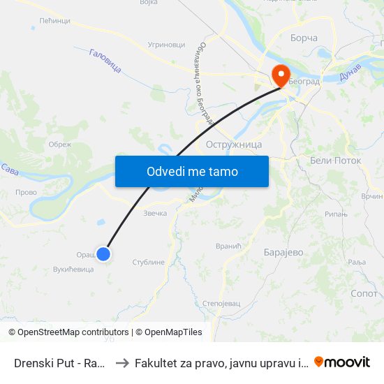 Drenski Put - Raskrsnica to Fakultet za pravo, javnu upravu i bezbednost map