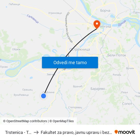 Trstenica - Trafo to Fakultet za pravo, javnu upravu i bezbednost map