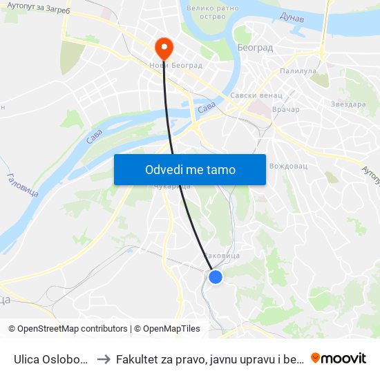 Ulica Oslobođenja to Fakultet za pravo, javnu upravu i bezbednost map