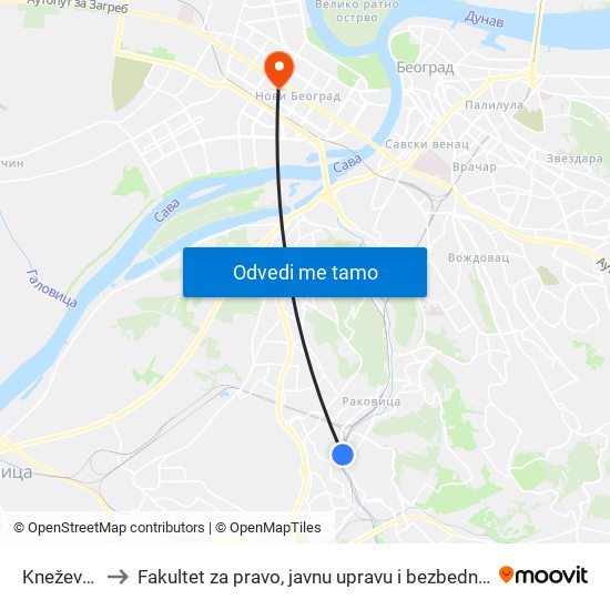 Kneževac to Fakultet za pravo, javnu upravu i bezbednost map