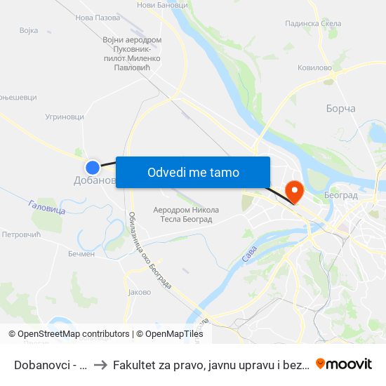 Dobanovci - Ulaz to Fakultet za pravo, javnu upravu i bezbednost map