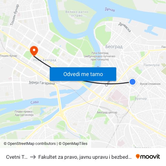 Cvetni Trg to Fakultet za pravo, javnu upravu i bezbednost map