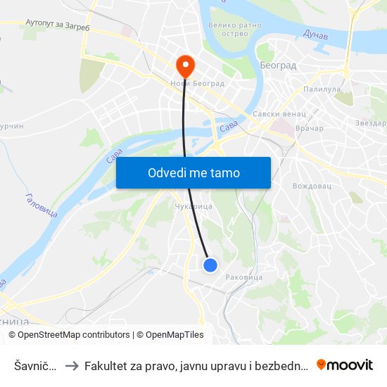 Šavnička to Fakultet za pravo, javnu upravu i bezbednost map