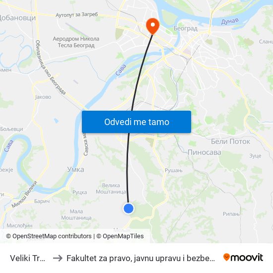 Veliki Trafo to Fakultet za pravo, javnu upravu i bezbednost map