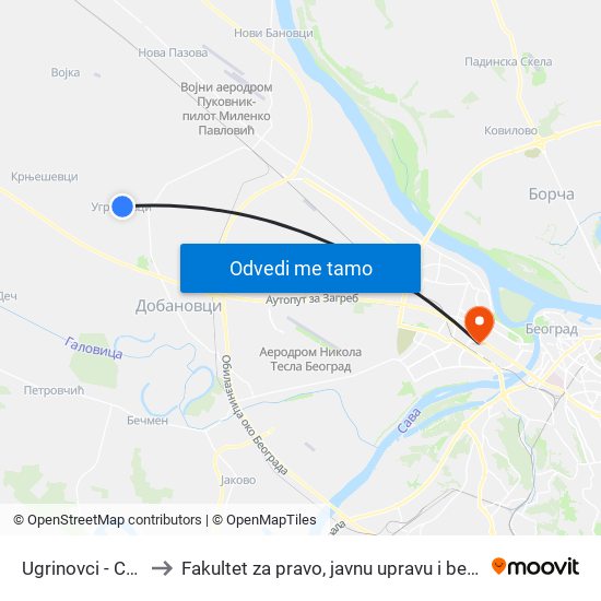 Ugrinovci - Centar to Fakultet za pravo, javnu upravu i bezbednost map