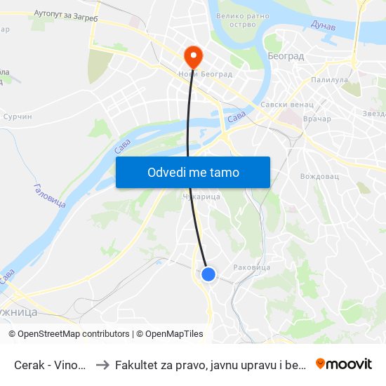 Cerak - Vinogradi to Fakultet za pravo, javnu upravu i bezbednost map