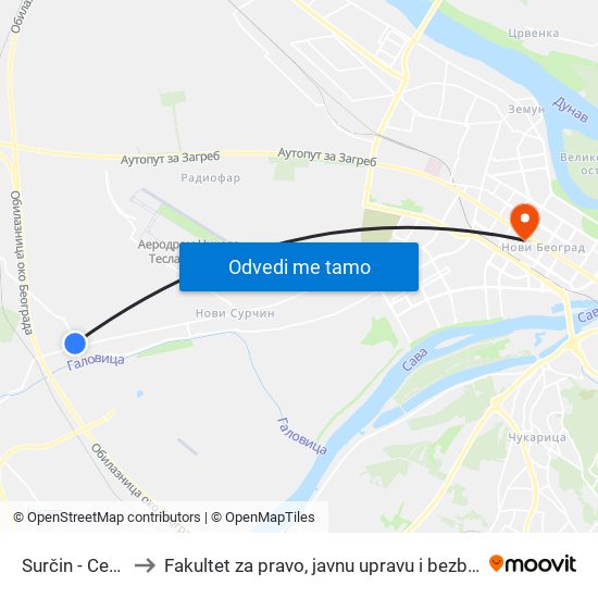 Surčin - Centar to Fakultet za pravo, javnu upravu i bezbednost map