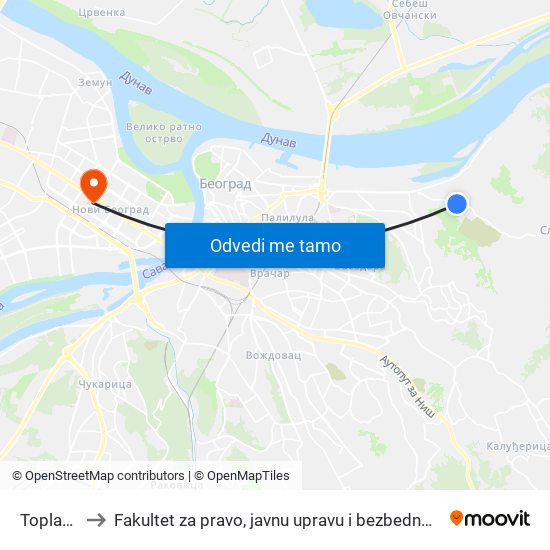 Toplana to Fakultet za pravo, javnu upravu i bezbednost map