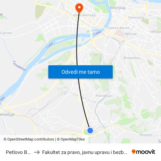 Petlovo Brdo to Fakultet za pravo, javnu upravu i bezbednost map