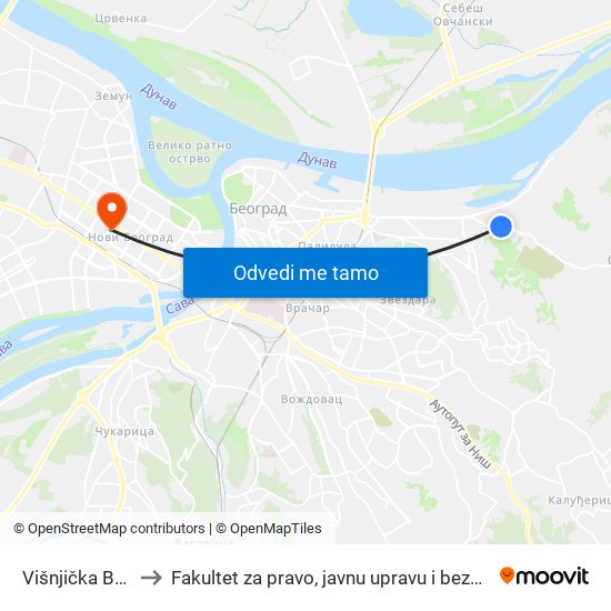 Višnjička Banja to Fakultet za pravo, javnu upravu i bezbednost map