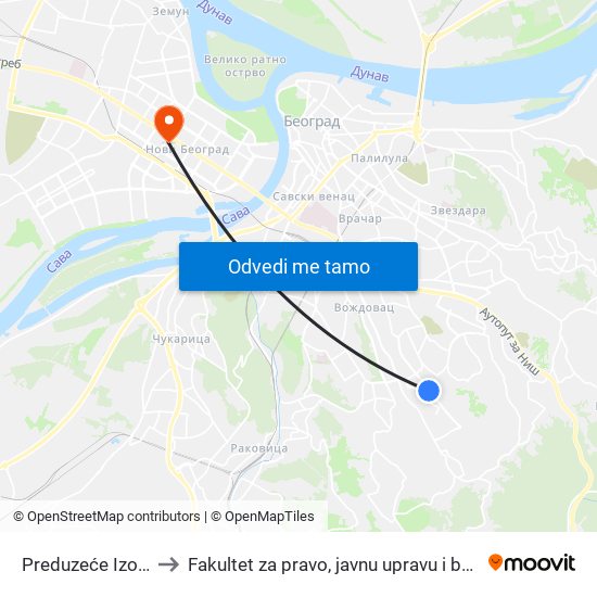 Preduzeće Izolacija to Fakultet za pravo, javnu upravu i bezbednost map