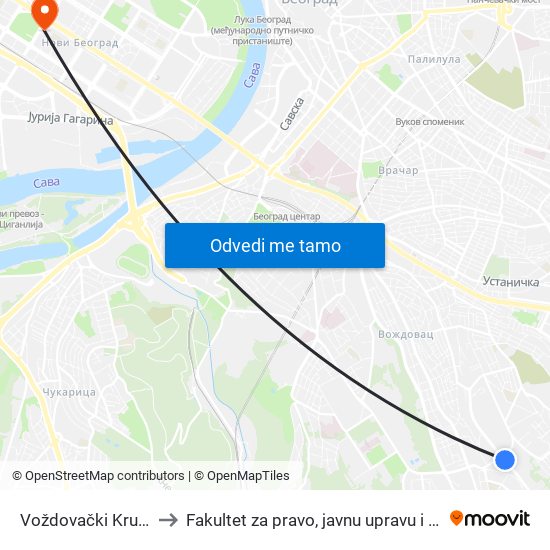 Voždovački Kružni Put to Fakultet za pravo, javnu upravu i bezbednost map