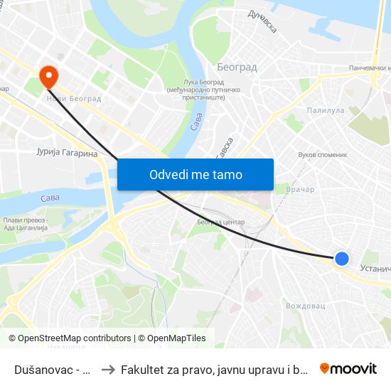 Dušanovac - Pošta to Fakultet za pravo, javnu upravu i bezbednost map