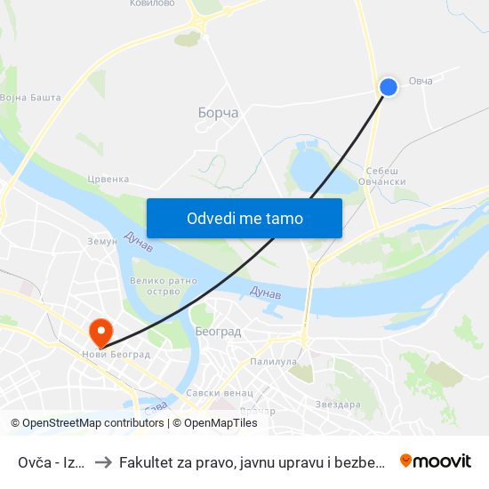 Ovča - Izlaz to Fakultet za pravo, javnu upravu i bezbednost map