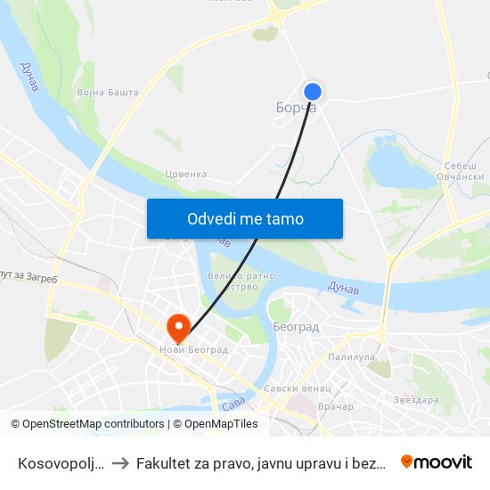 Kosovopoljska to Fakultet za pravo, javnu upravu i bezbednost map