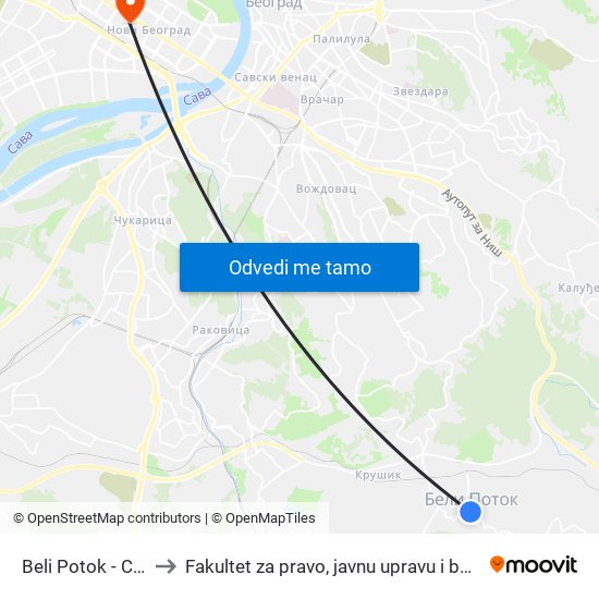 Beli Potok - Centar to Fakultet za pravo, javnu upravu i bezbednost map