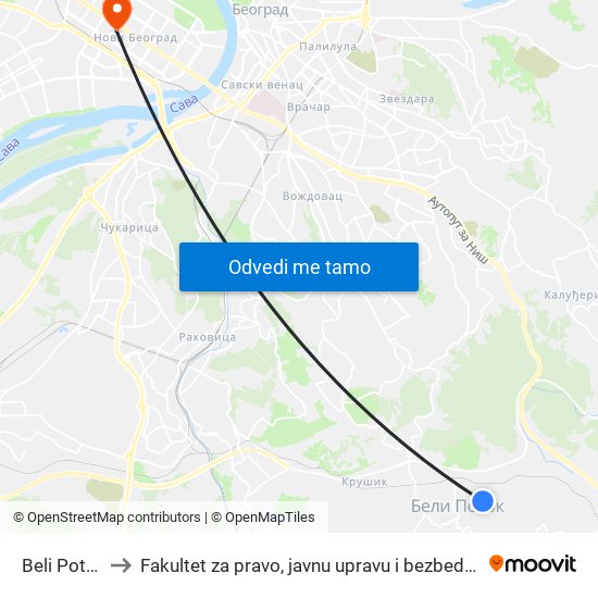 Beli Potok to Fakultet za pravo, javnu upravu i bezbednost map