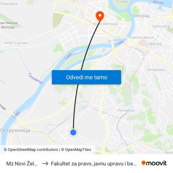 Mz Novi Železnik to Fakultet za pravo, javnu upravu i bezbednost map