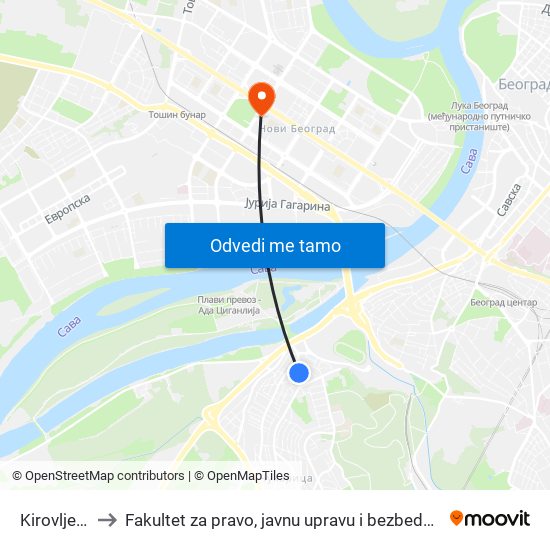 Kirovljeva to Fakultet za pravo, javnu upravu i bezbednost map