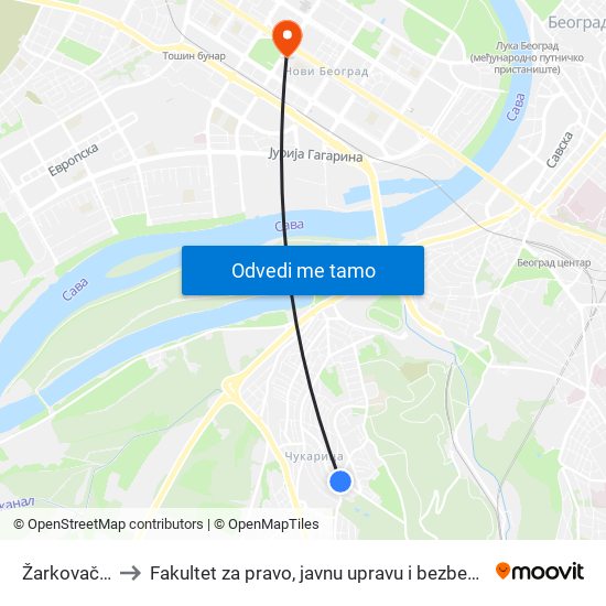 Žarkovačka to Fakultet za pravo, javnu upravu i bezbednost map