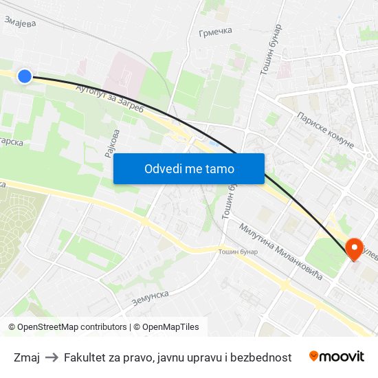 Zmaj to Fakultet za pravo, javnu upravu i bezbednost map