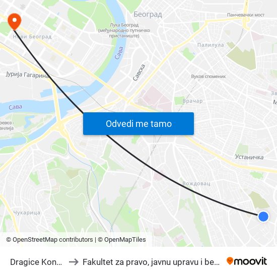 Dragice Končar 1 to Fakultet za pravo, javnu upravu i bezbednost map