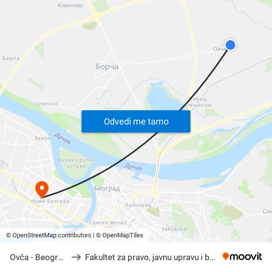 Ovča - Beogradska to Fakultet za pravo, javnu upravu i bezbednost map