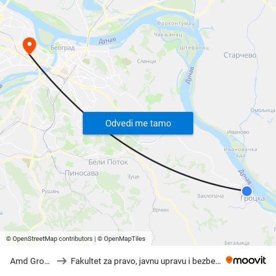 Amd Grocka to Fakultet za pravo, javnu upravu i bezbednost map