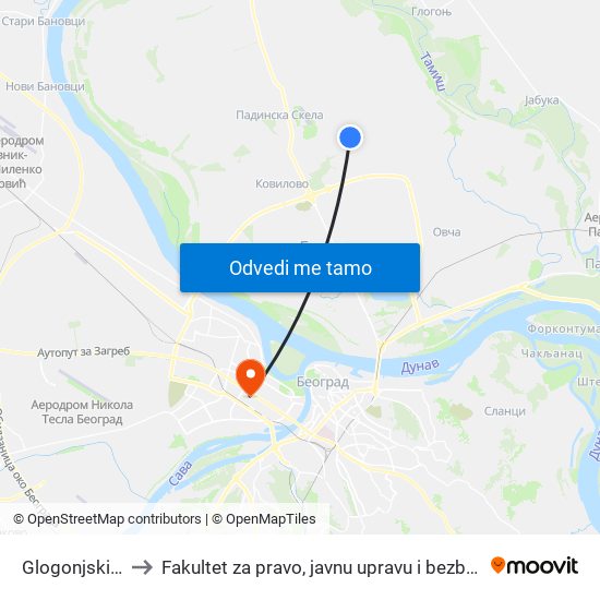 Glogonjski Rit to Fakultet za pravo, javnu upravu i bezbednost map