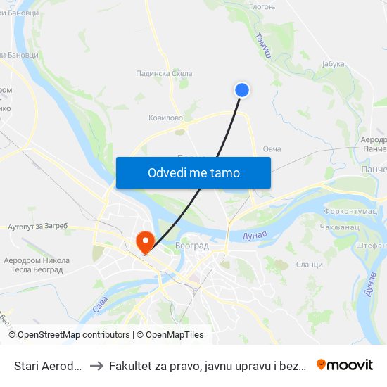 Stari Aerodrom to Fakultet za pravo, javnu upravu i bezbednost map